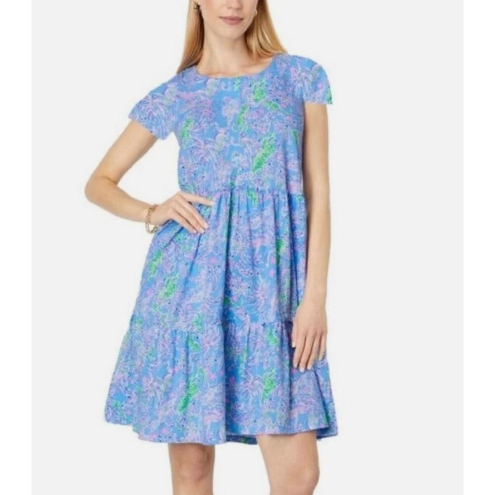 Lilly Pulitzer Geanna Dress S NWOT Blue Peri Turtle Package Tier Coastal Prep